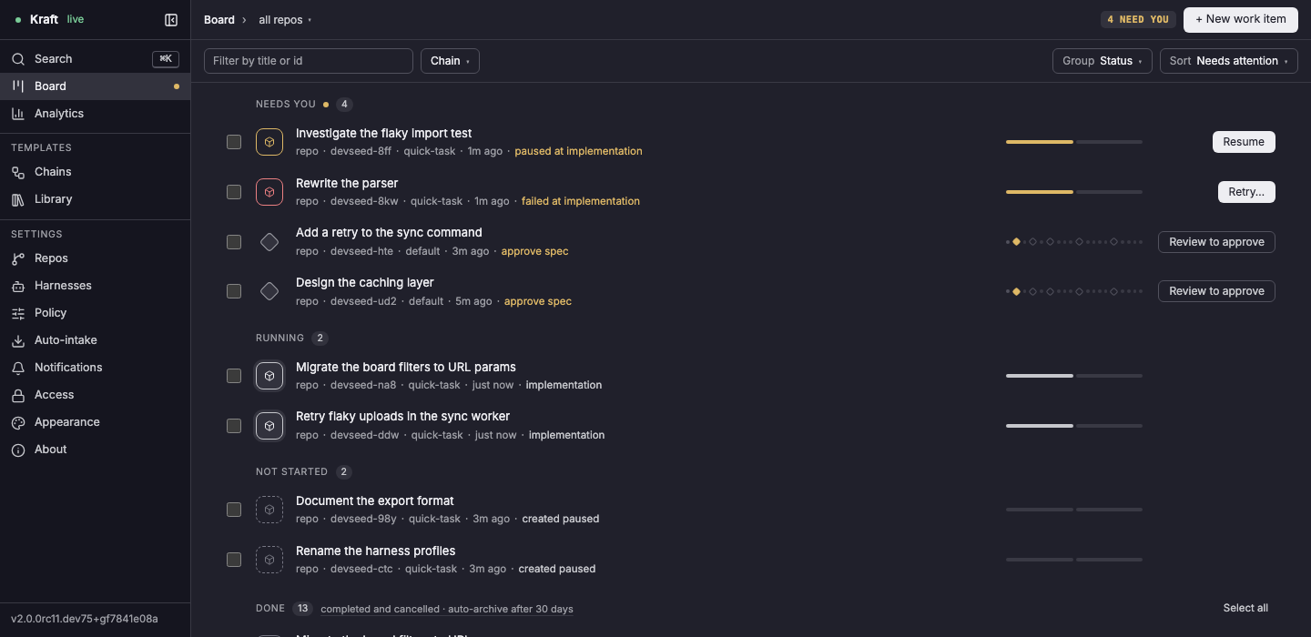 The Kraft board: work items grouped by Needs you, Running, Not started, and Done