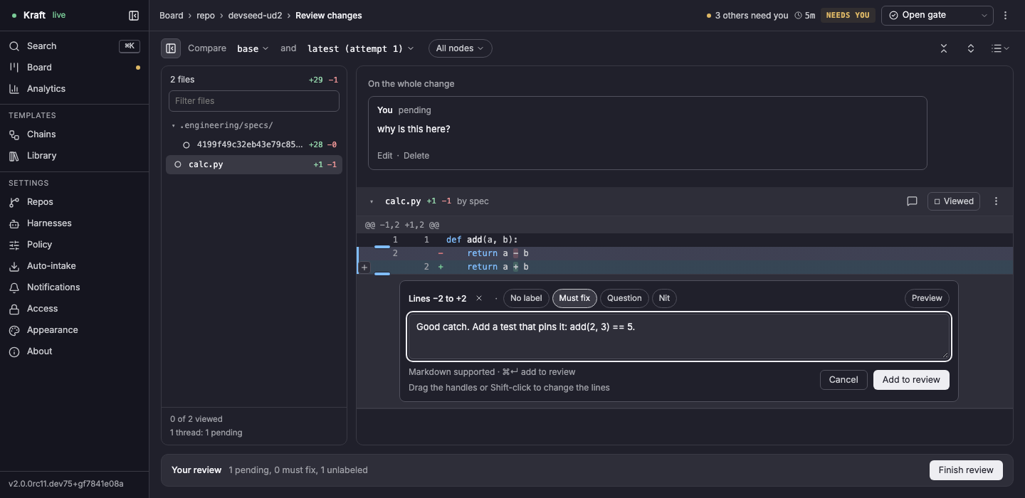 The review page: the file tree on the left, a pending thread on the whole change above a diff of calc.py, and a comment being written on lines −2 to +2 (the removed line and its replacement) with Must fix selected, above the Your review bar with Finish review