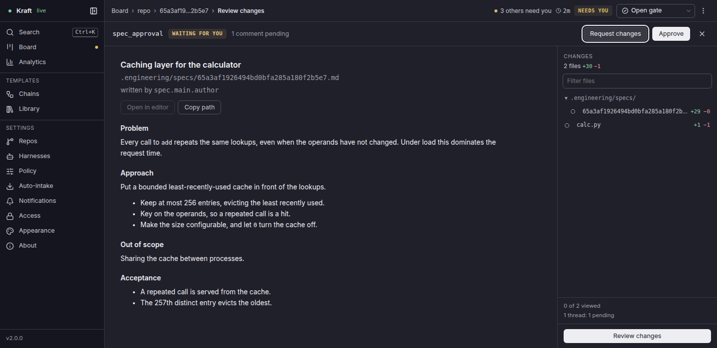 A spec an agent wrote, rendered on the item's review page and waiting for your approval, with Request changes and Approve