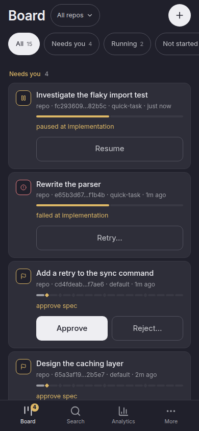 The board at a 390px phone viewport: work items under Needs you with Approve and Reject buttons on the card, and a bottom bar with Board, Search, Analytics and More