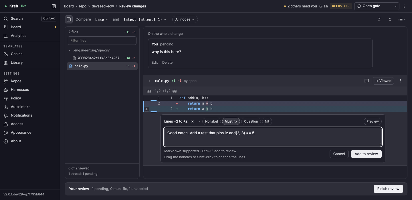 The review page: the file tree on the left, a pending thread on the whole change above a diff of calc.py, and a comment being written on lines −2 to +2 (the removed line and its replacement) with Must fix selected, above the Your review bar with Finish review
